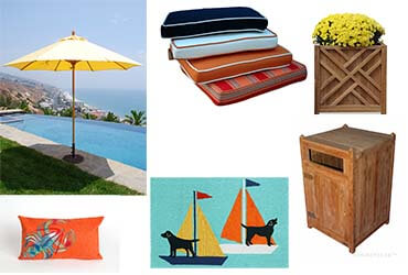 Umbrellas, Teak Planter Boxes, Teak Litter Receptacles, Outdoor Rugs, Outdoor Pillows, Outdoor Cushions