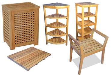 Teak Shower Benches, Teak Bath Mats, Teak Hampers, Teak Shelves