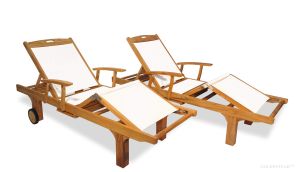 Teak Chaise Lounge Pool & Deck Sunlounger PAIR with arm, White Sling Fabric