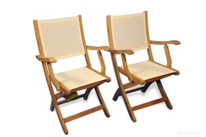 Teak Folding  Providence Chair with Cream Batyline Sling Fabric PAIR