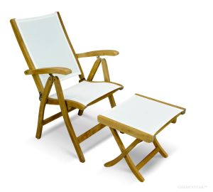 Teak Sling Recliner and Foot Stool Set - White