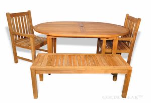 Teak Outdoor Dining Set, Oval table,  2 benches, two armchairs