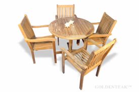 Teak Dining Set for 4, Round Table and 4 stacking chairs