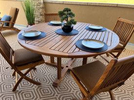 Teak Patio Dining Set for 4 - Round Table, 4 folding side chairs, Customer Photo Oiled-DL